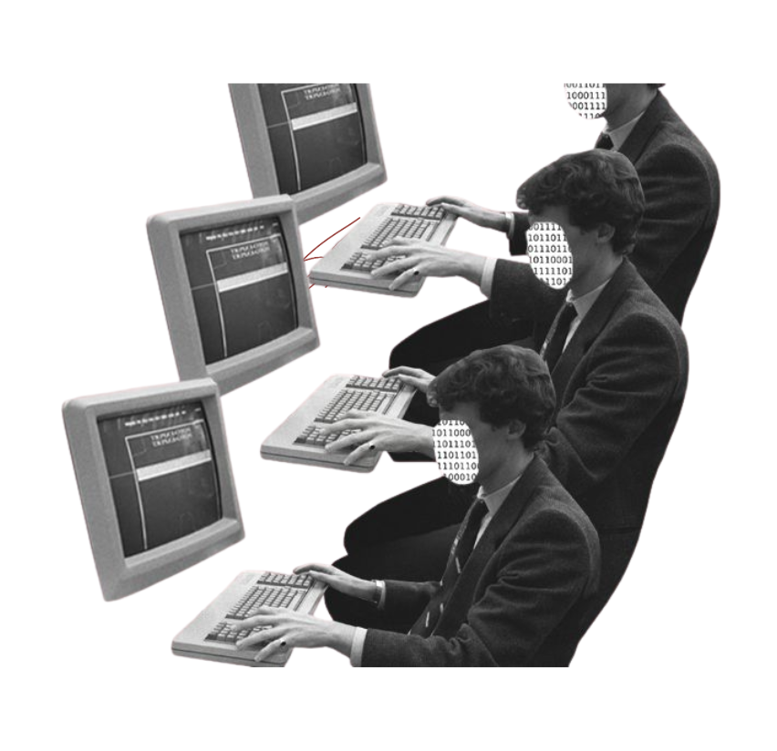 Collage retro de personas trabajando con computadoras