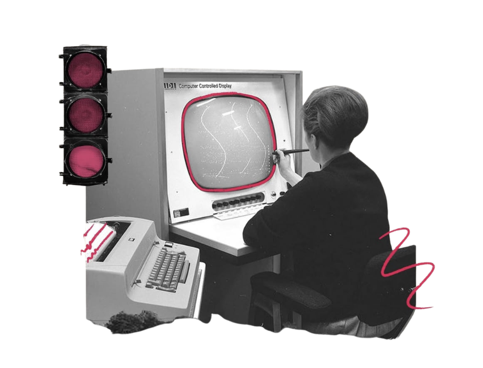 Collage retro de una persona trabajando en una pantalla de diseño