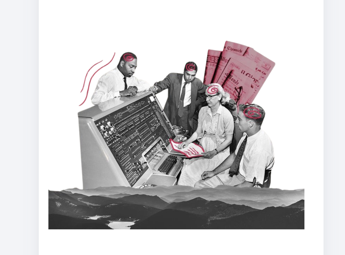 Collage retro de un equipo analizando medios y comunicación