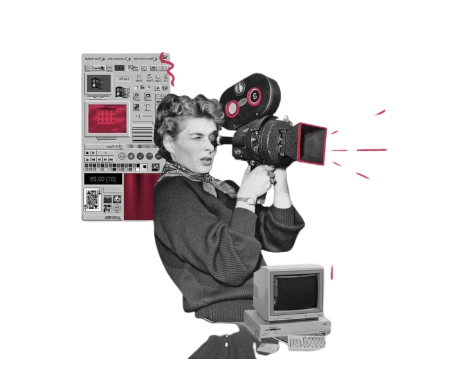Collage retro de una camarógrafa durante una producción audiovisual